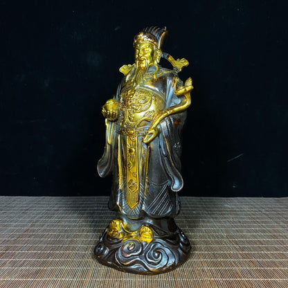 Antique Gilded Solid Brass God of Wealth Statue - Unique Asian Decor, Desktop Ornament, Personalized Gift