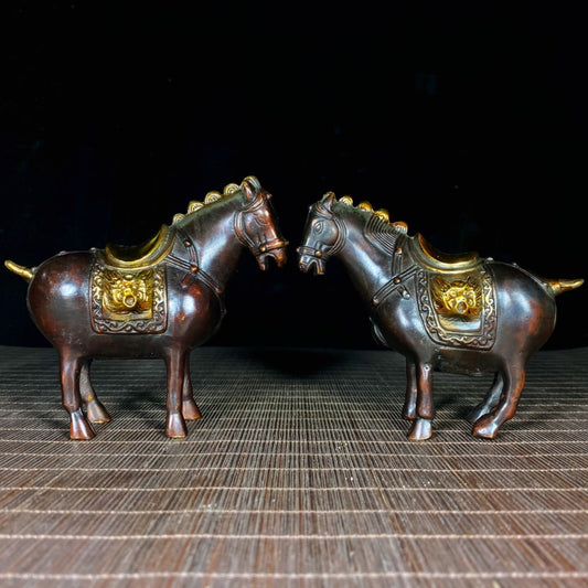 Antique Gilded Pure Copper Tang Dynasty Foal Pair - Unique Asian Decor, Desktop Ornament, Personalized Gift