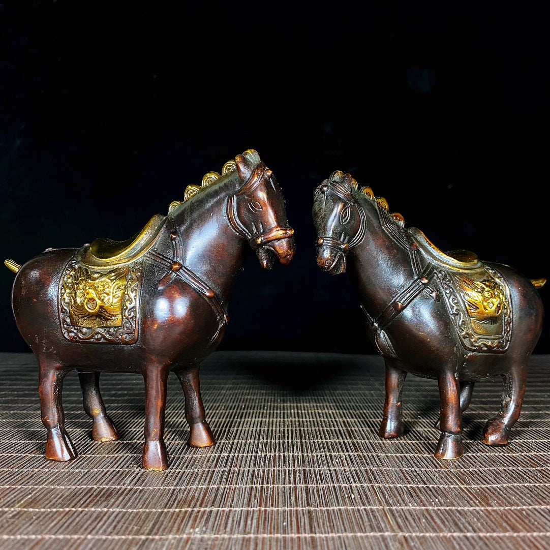 Antique Gilded Pure Copper Tang Dynasty Foal Pair - Unique Asian Decor, Desktop Ornament, Personalized Gift