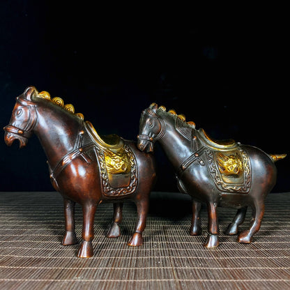 Antique Gilded Pure Copper Tang Dynasty Foal Pair - Unique Asian Decor, Desktop Ornament, Personalized Gift