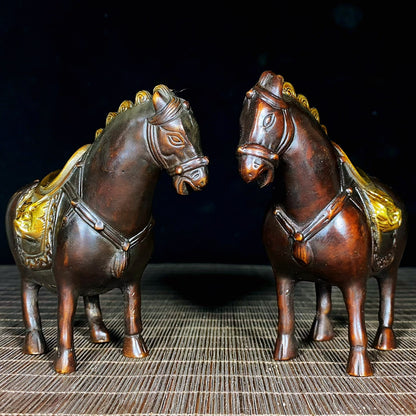 Antique Gilded Pure Copper Tang Dynasty Foal Pair - Unique Asian Decor, Desktop Ornament, Personalized Gift