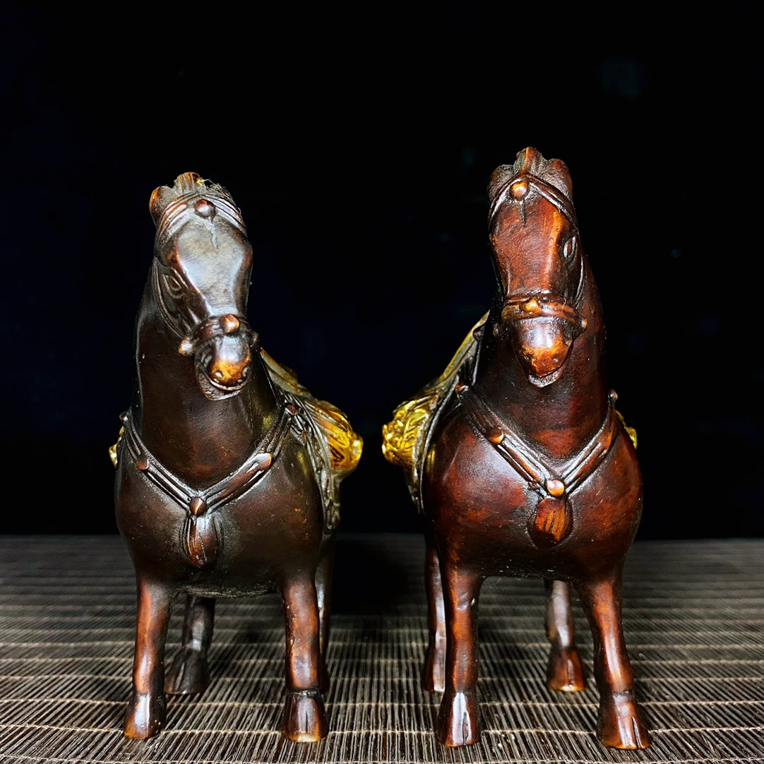 Antique Gilded Pure Copper Tang Dynasty Foal Pair - Unique Asian Decor, Desktop Ornament, Personalized Gift