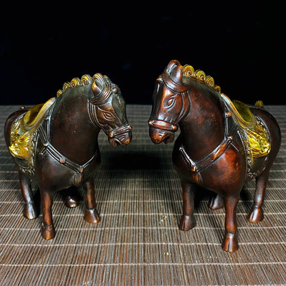 Antique Gilded Pure Copper Tang Dynasty Foal Pair - Unique Asian Decor, Desktop Ornament, Personalized Gift