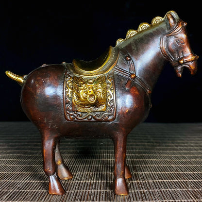 Antique Gilded Pure Copper Tang Dynasty Foal Pair - Unique Asian Decor, Desktop Ornament, Personalized Gift