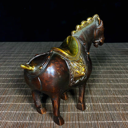 Antique Gilded Pure Copper Tang Dynasty Foal Pair - Unique Asian Decor, Desktop Ornament, Personalized Gift