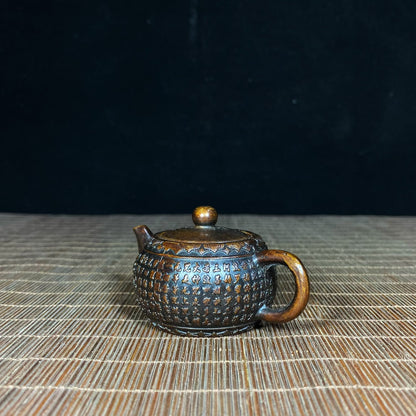 Antique Pure Copper Embossed Heart Sutra Teapot – Asian Antique Decorative Tabletop Ornament – Personalized Gift