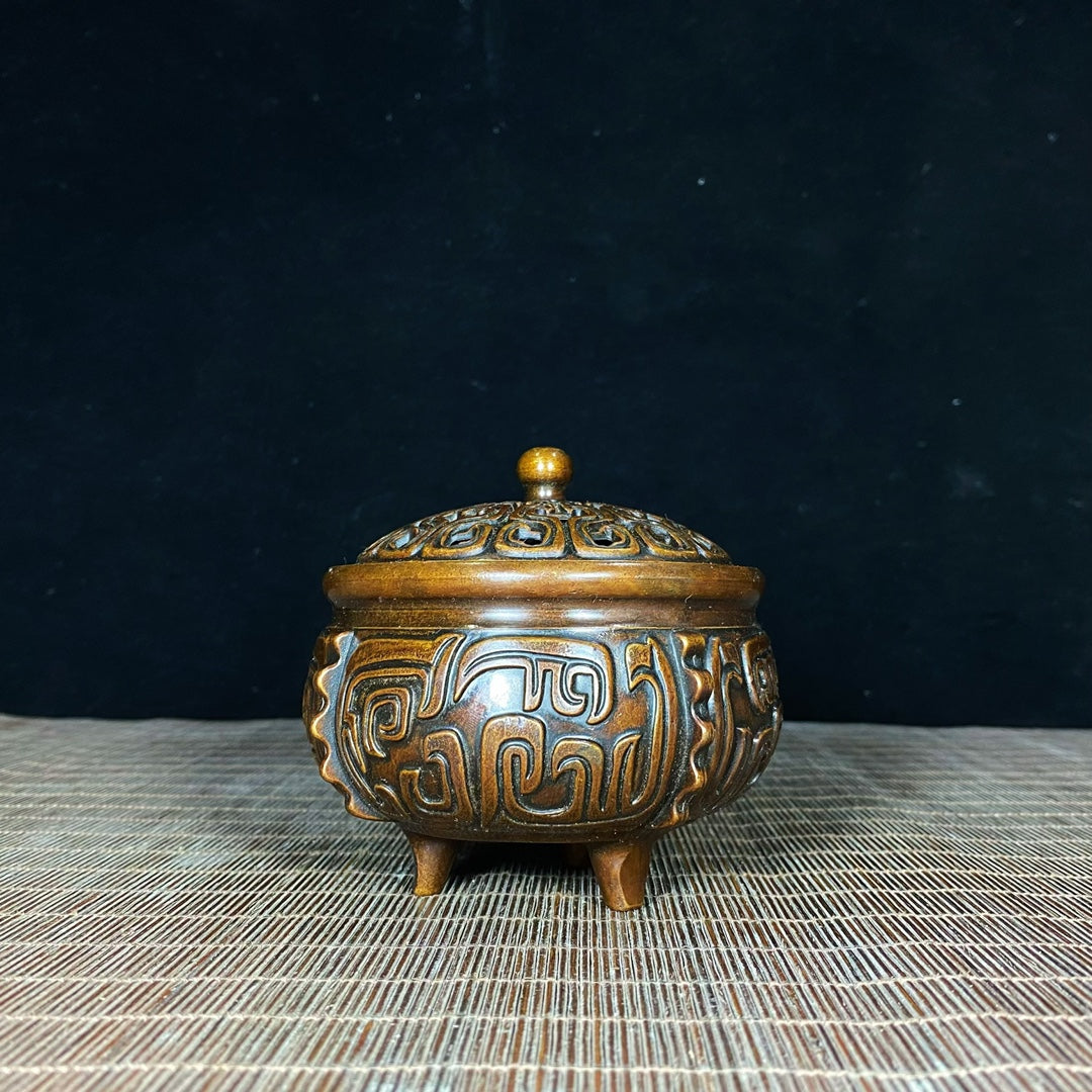 Antique Pure Copper Inscribed Incense Burner - Unique Asian Antique Decor for Home or Office - Personalized Gift