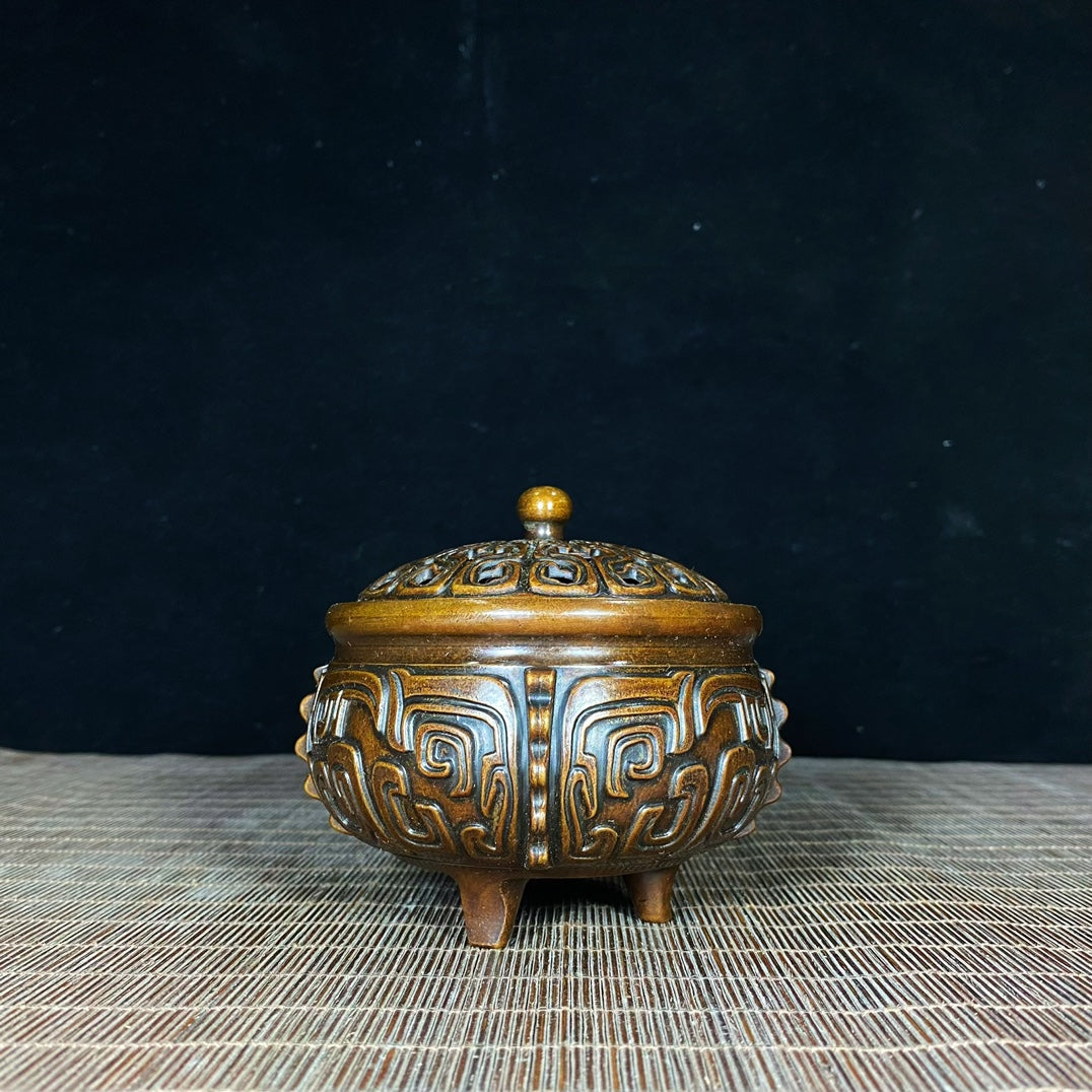 Antique Pure Copper Inscribed Incense Burner - Unique Asian Antique Decor for Home or Office - Personalized Gift