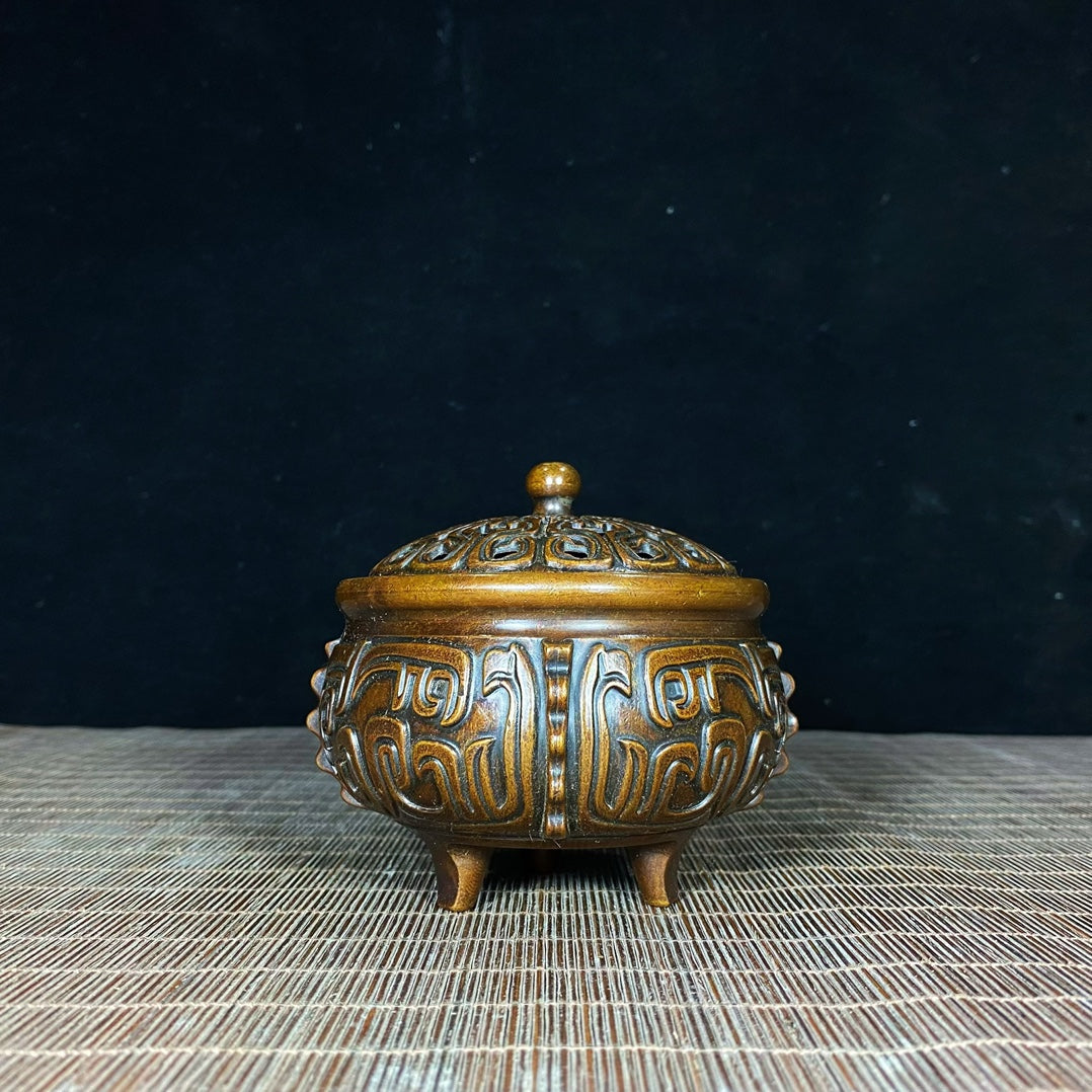 Antique Pure Copper Inscribed Incense Burner - Unique Asian Antique Decor for Home or Office - Personalized Gift