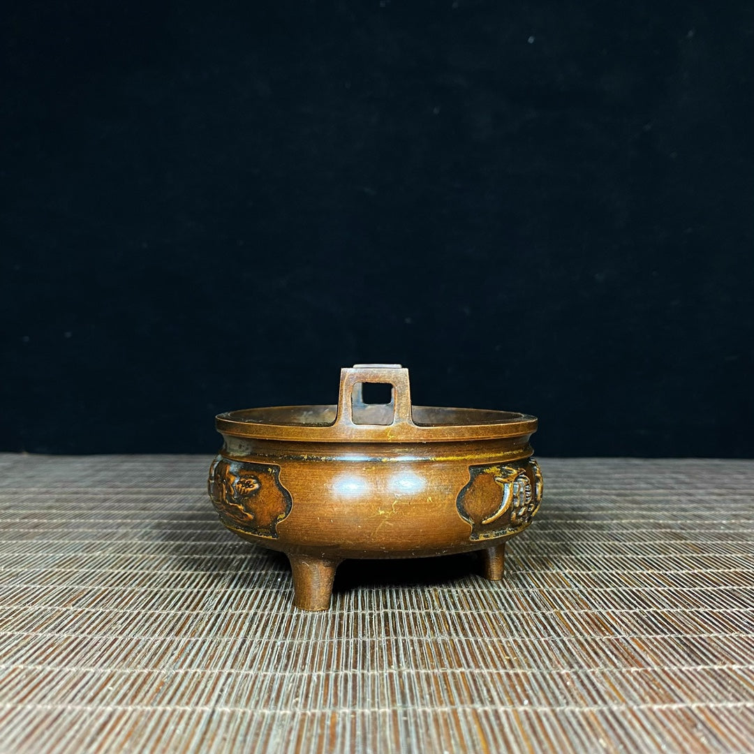 Antique Pure Copper Incense Burner with Lotus Engraving - Asian Antique Decorative Desk Ornament - Personalized Gift