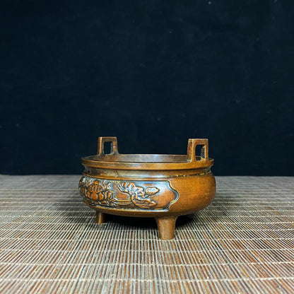 Antique Pure Copper Incense Burner with Lotus Engraving - Asian Antique Decorative Desk Ornament - Personalized Gift