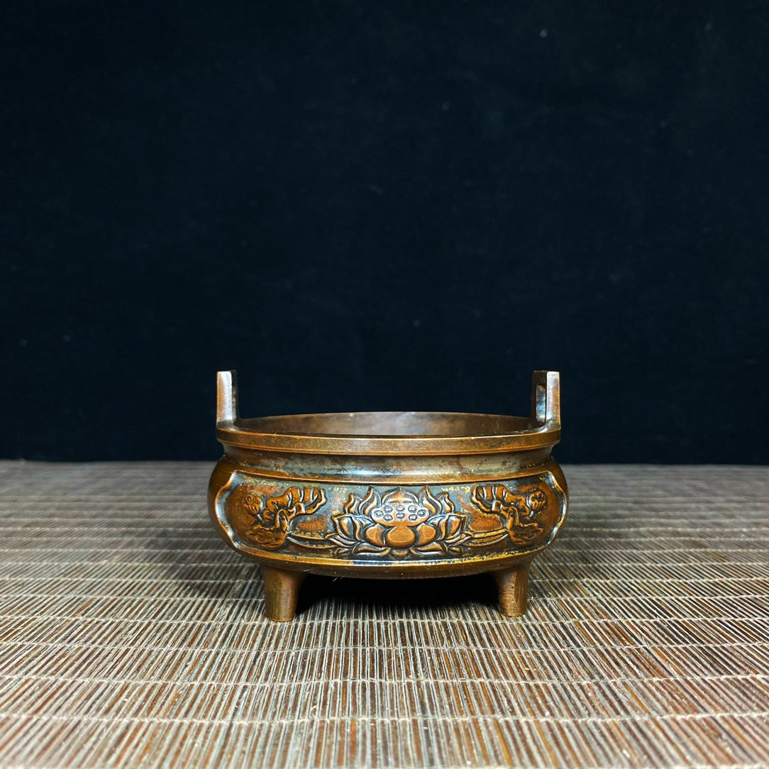 Antique Pure Copper Incense Burner with Lotus Engraving - Asian Antique Decorative Desk Ornament - Personalized Gift