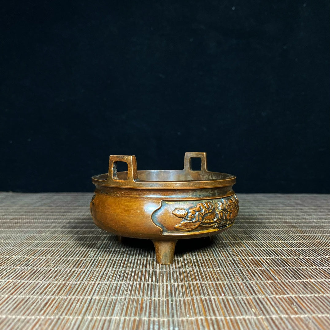 Antique Pure Copper Incense Burner with Lotus Engraving - Asian Antique Decorative Desk Ornament - Personalized Gift