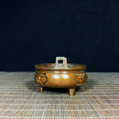 Antique Pure Copper Incense Burner with Lotus Engraving - Asian Antique Decorative Desk Ornament - Personalized Gift