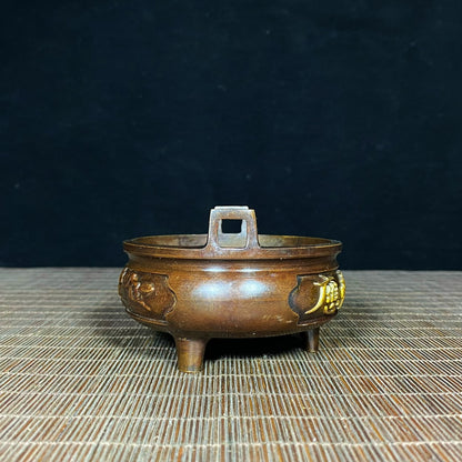 Antique Solid Brass Gilded Incense Burner with Lotus Engraving | Asian Antique Decorative Piece | Unique Desktop Ornament | Personalized Gift