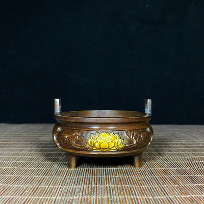 Antique Solid Brass Gilded Incense Burner with Lotus Engraving | Asian Antique Decorative Piece | Unique Desktop Ornament | Personalized Gift