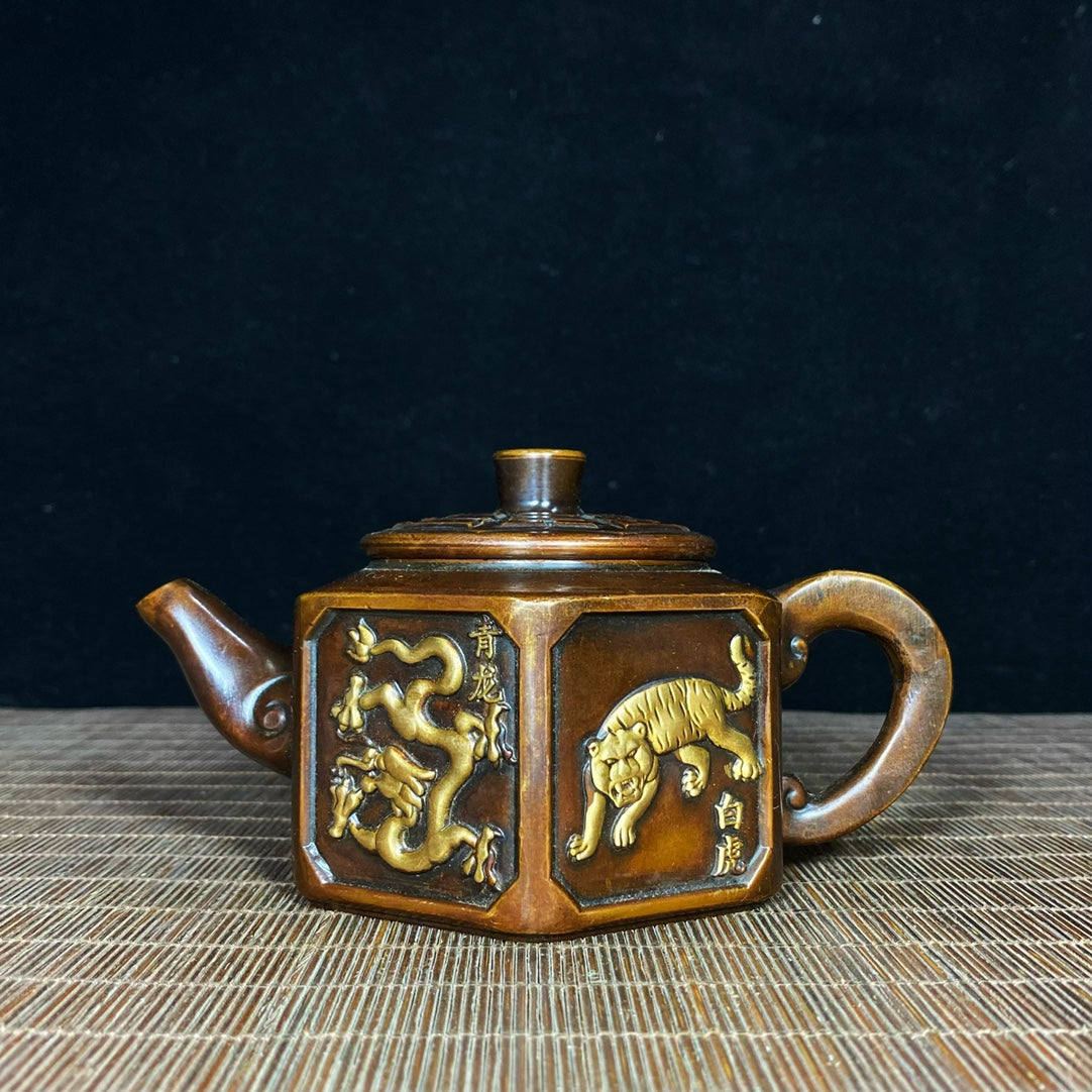 Antique Pure Copper Gilded Embossed Taiji Bagua Four Divine Beasts Teapot - Decorative Tabletop Ornament - Personalized Gift - Asian Antique