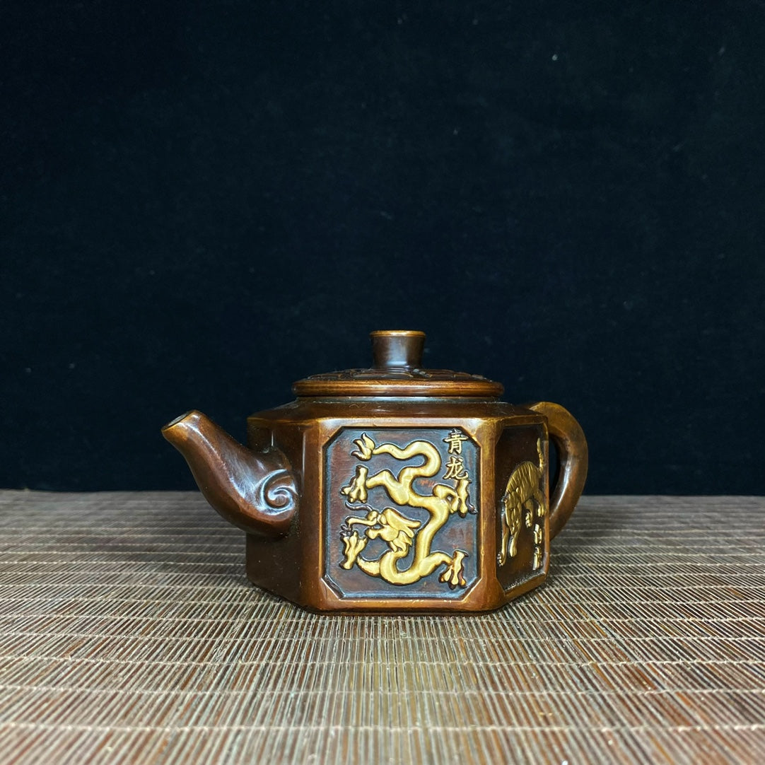 Antique Pure Copper Gilded Embossed Taiji Bagua Four Divine Beasts Teapot - Decorative Tabletop Ornament - Personalized Gift - Asian Antique