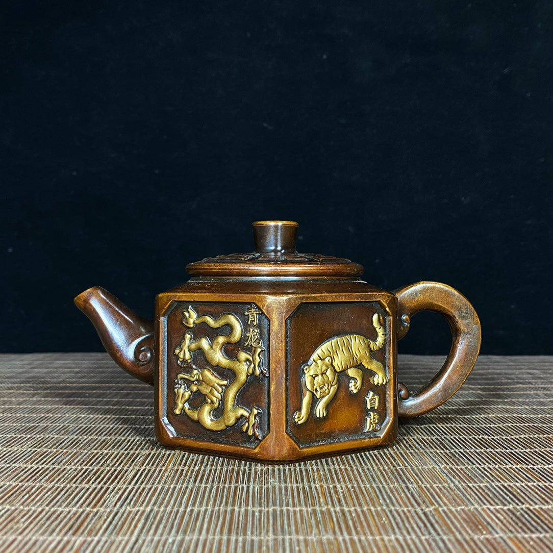 Antique Pure Copper Gilded Embossed Taiji Bagua Four Divine Beasts Teapot - Decorative Tabletop Ornament - Personalized Gift - Asian Antique