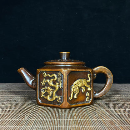 Antique Pure Copper Gilded Embossed Taiji Bagua Four Divine Beasts Teapot - Decorative Tabletop Ornament - Personalized Gift - Asian Antique