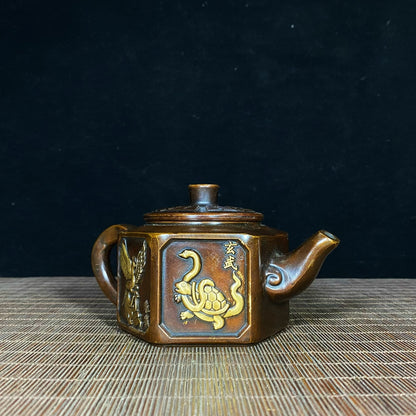 Antique Pure Copper Gilded Embossed Taiji Bagua Four Divine Beasts Teapot - Decorative Tabletop Ornament - Personalized Gift - Asian Antique