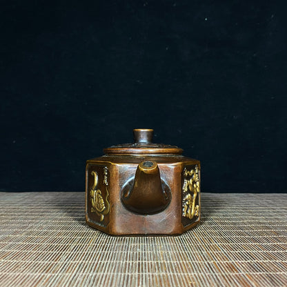 Antique Pure Copper Gilded Embossed Taiji Bagua Four Divine Beasts Teapot - Decorative Tabletop Ornament - Personalized Gift - Asian Antique