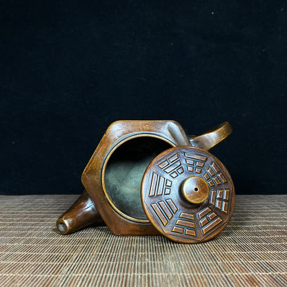 Antique Pure Copper Gilded Embossed Taiji Bagua Four Divine Beasts Teapot - Decorative Tabletop Ornament - Personalized Gift - Asian Antique