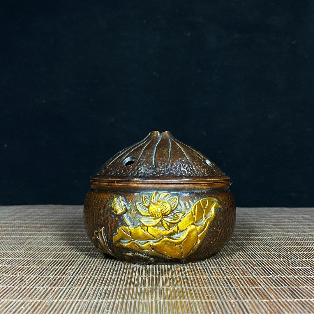 Antique Solid Brass Incense Burner with Lotus Relief - Asian Decor & Unique Desktop Ornament - Personalized Gift