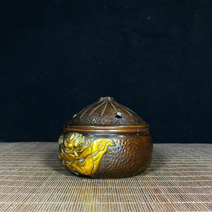 Antique Solid Brass Incense Burner with Lotus Relief - Asian Decor & Unique Desktop Ornament - Personalized Gift