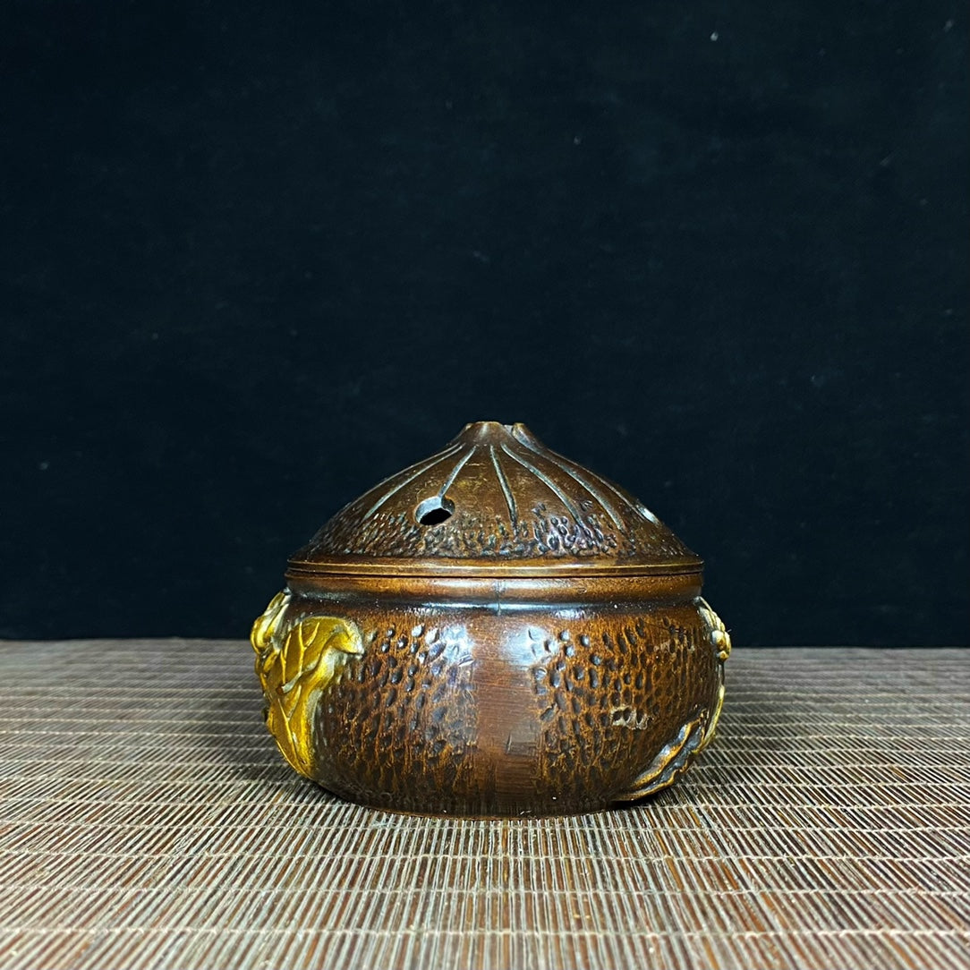 Antique Solid Brass Incense Burner with Lotus Relief - Asian Decor & Unique Desktop Ornament - Personalized Gift