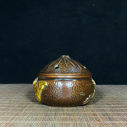 Antique Solid Brass Incense Burner with Lotus Relief - Asian Decor & Unique Desktop Ornament - Personalized Gift