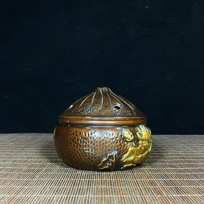 Antique Solid Brass Incense Burner with Lotus Relief - Asian Decor & Unique Desktop Ornament - Personalized Gift