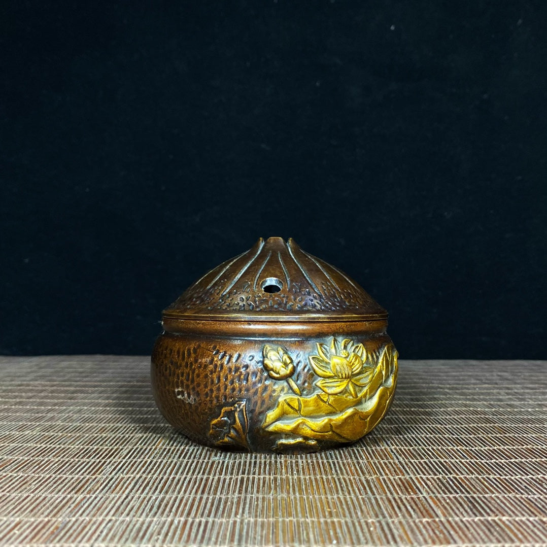 Antique Solid Brass Incense Burner with Lotus Relief - Asian Decor & Unique Desktop Ornament - Personalized Gift