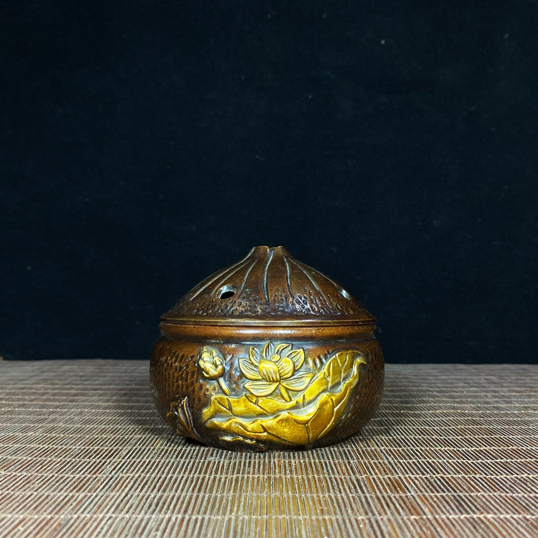 Antique Solid Brass Incense Burner with Lotus Relief - Asian Decor & Unique Desktop Ornament - Personalized Gift