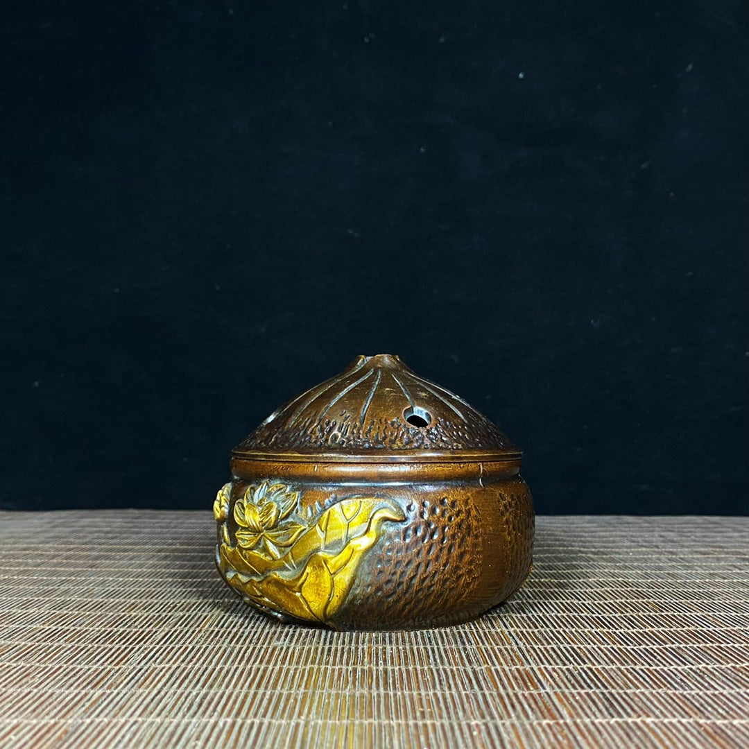 Antique Solid Brass Incense Burner with Lotus Relief - Asian Decor & Unique Desktop Ornament - Personalized Gift