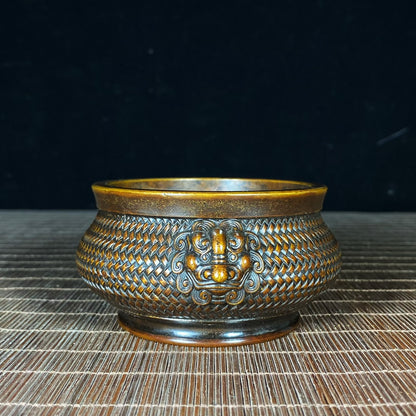 Antique Pure Copper Lion Ear Woven Pattern Incense Burner - Asian Decor, Desk Ornament, Personalized Gift