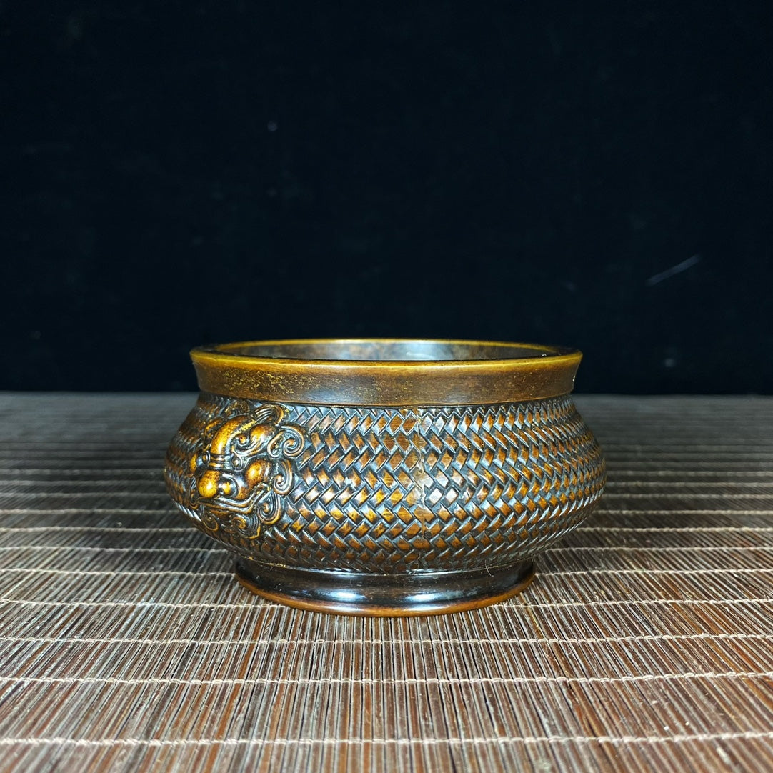 Antique Pure Copper Lion Ear Woven Pattern Incense Burner - Asian Decor, Desk Ornament, Personalized Gift