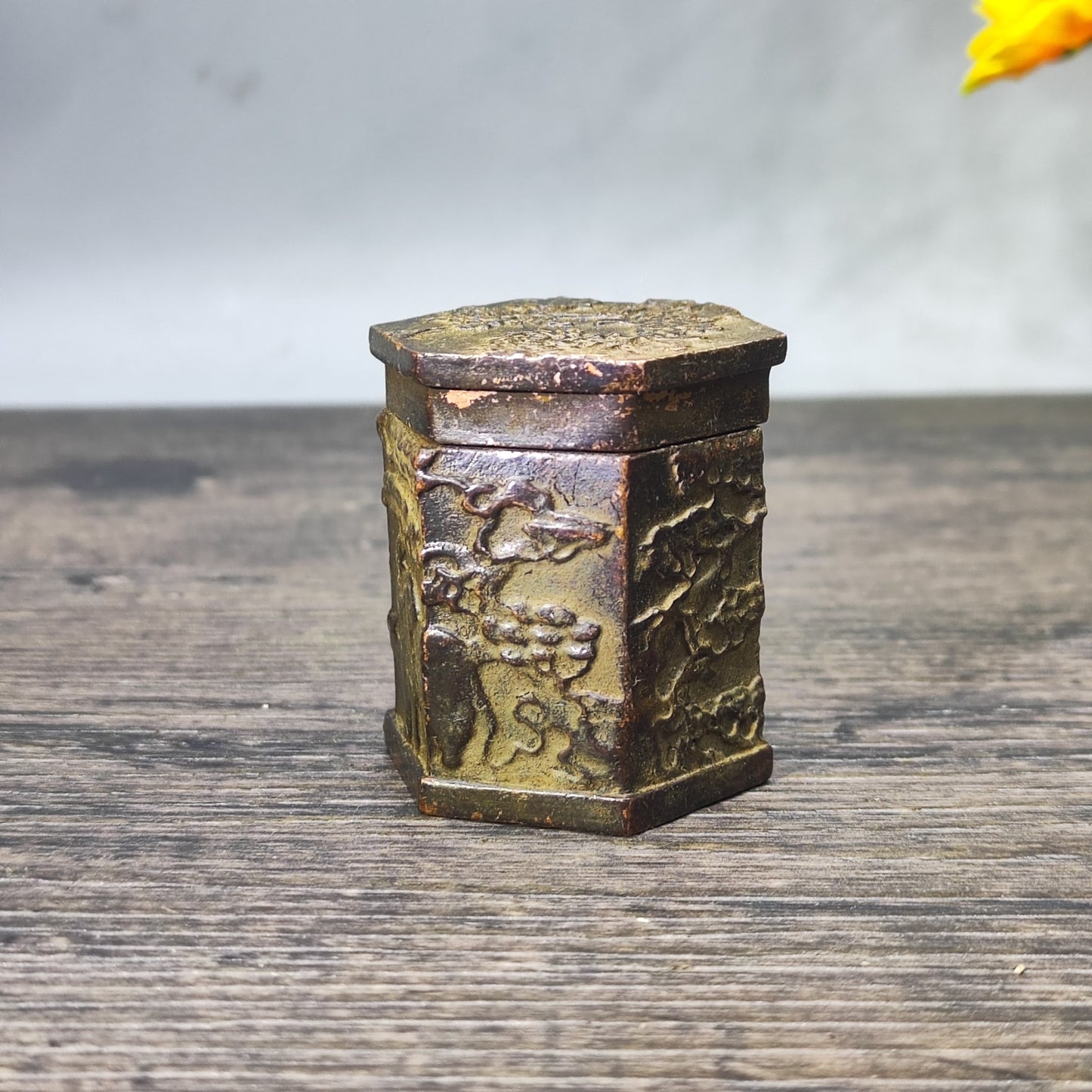 Hexagonal Antique Ink Box - Unique Desktop Decor, Personalized Gift, Asian Antique Collectible