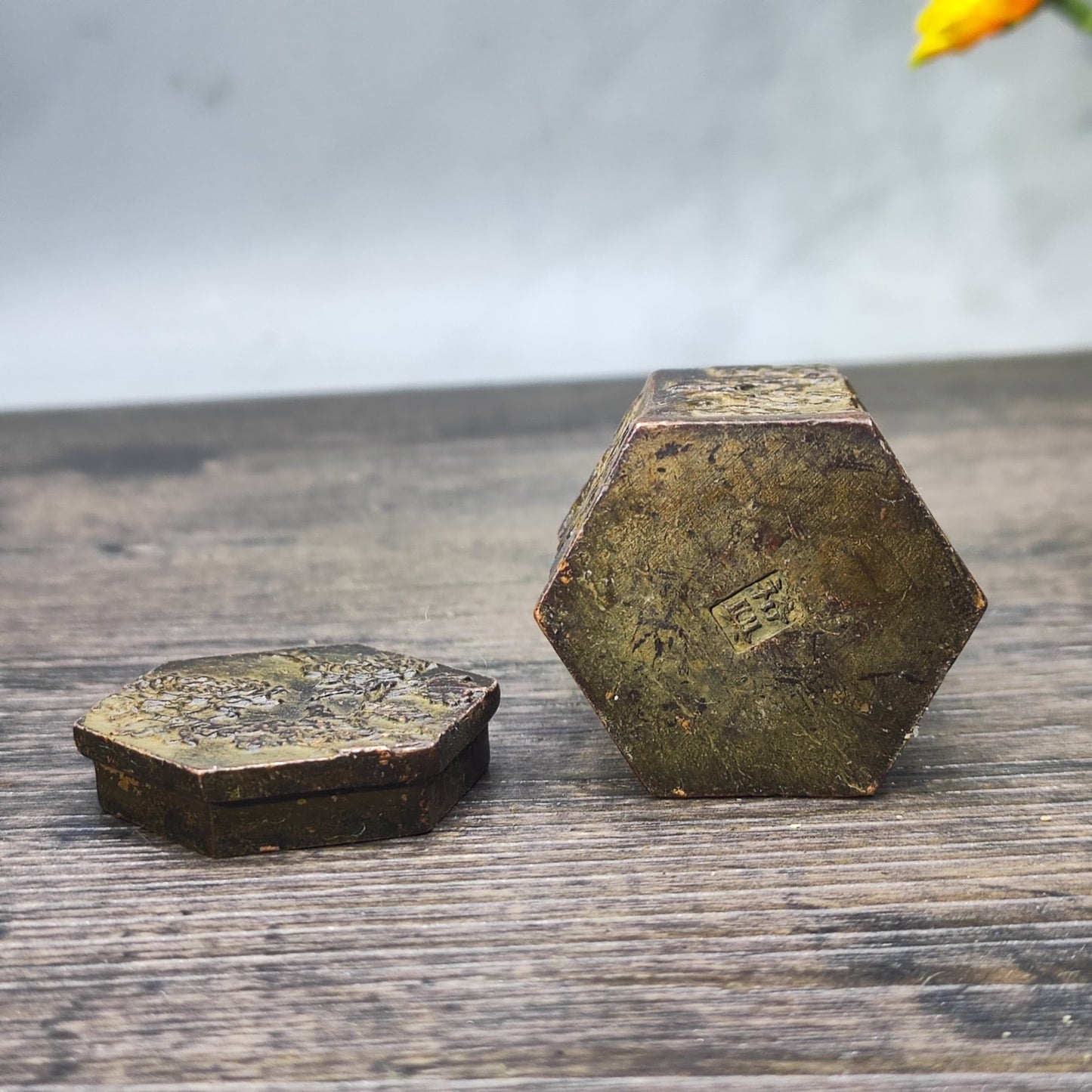 Hexagonal Antique Ink Box - Unique Desktop Decor, Personalized Gift, Asian Antique Collectible