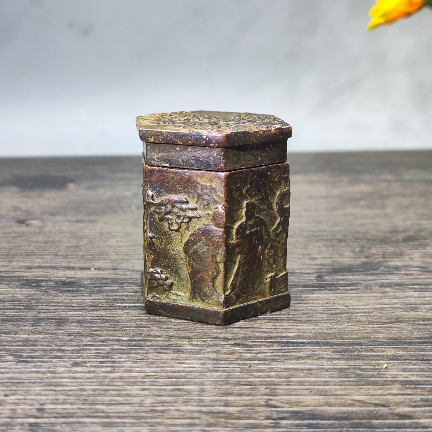 Hexagonal Antique Ink Box - Unique Desktop Decor, Personalized Gift, Asian Antique Collectible