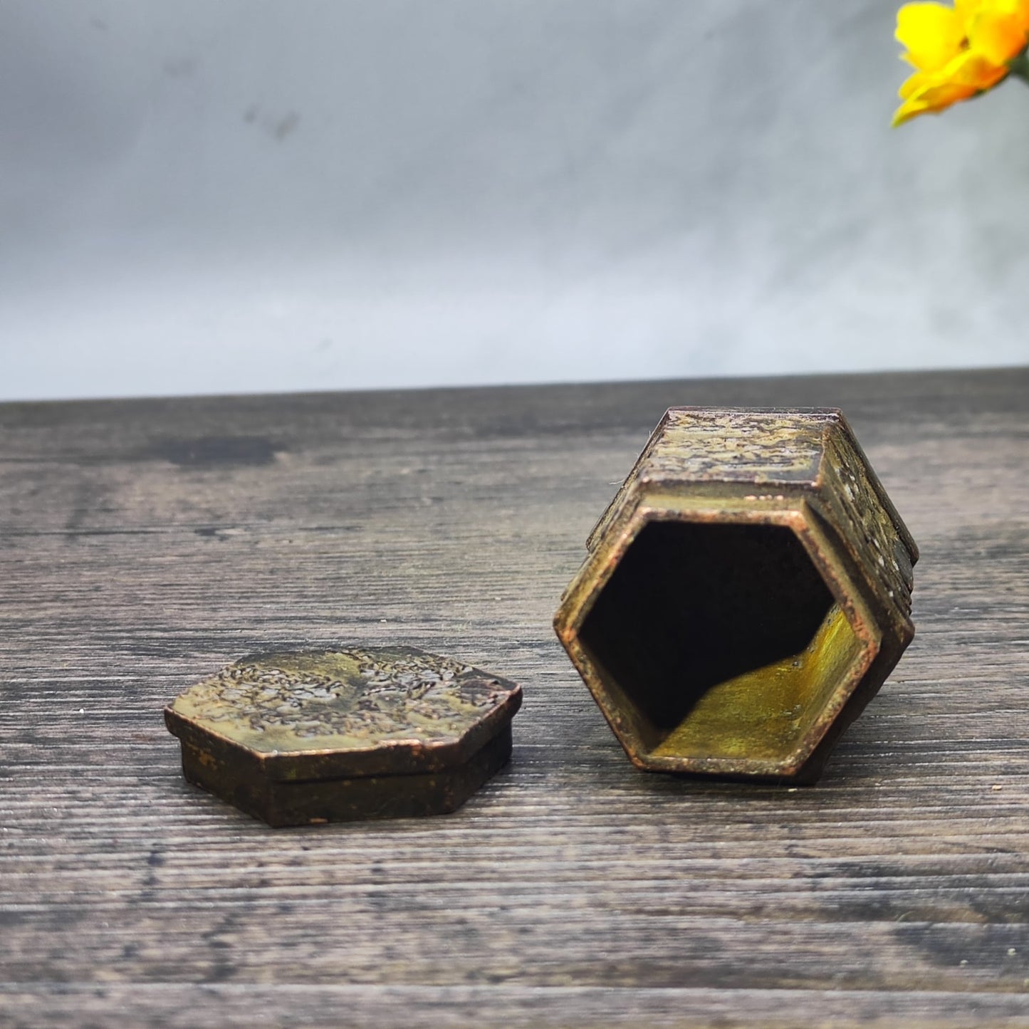 Hexagonal Antique Ink Box - Unique Desktop Decor, Personalized Gift, Asian Antique Collectible