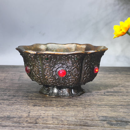 Antique Gem-Embedded Intricately Carved Bowl - Asian Decorative Tabletop Ornament - Personalized Gift