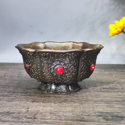 Antique Gem-Embedded Intricately Carved Bowl - Asian Decorative Tabletop Ornament - Personalized Gift