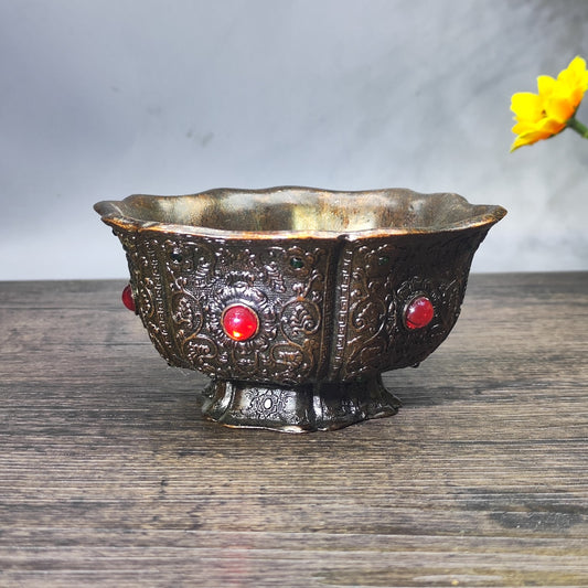 Antique Gem-Embedded Intricately Carved Bowl - Asian Decorative Tabletop Ornament - Personalized Gift