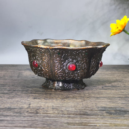 Antique Gem-Embedded Intricately Carved Bowl - Asian Decorative Tabletop Ornament - Personalized Gift