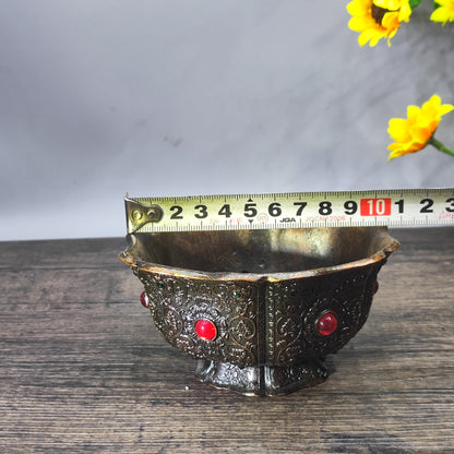 Antique Gem-Embedded Intricately Carved Bowl - Asian Decorative Tabletop Ornament - Personalized Gift