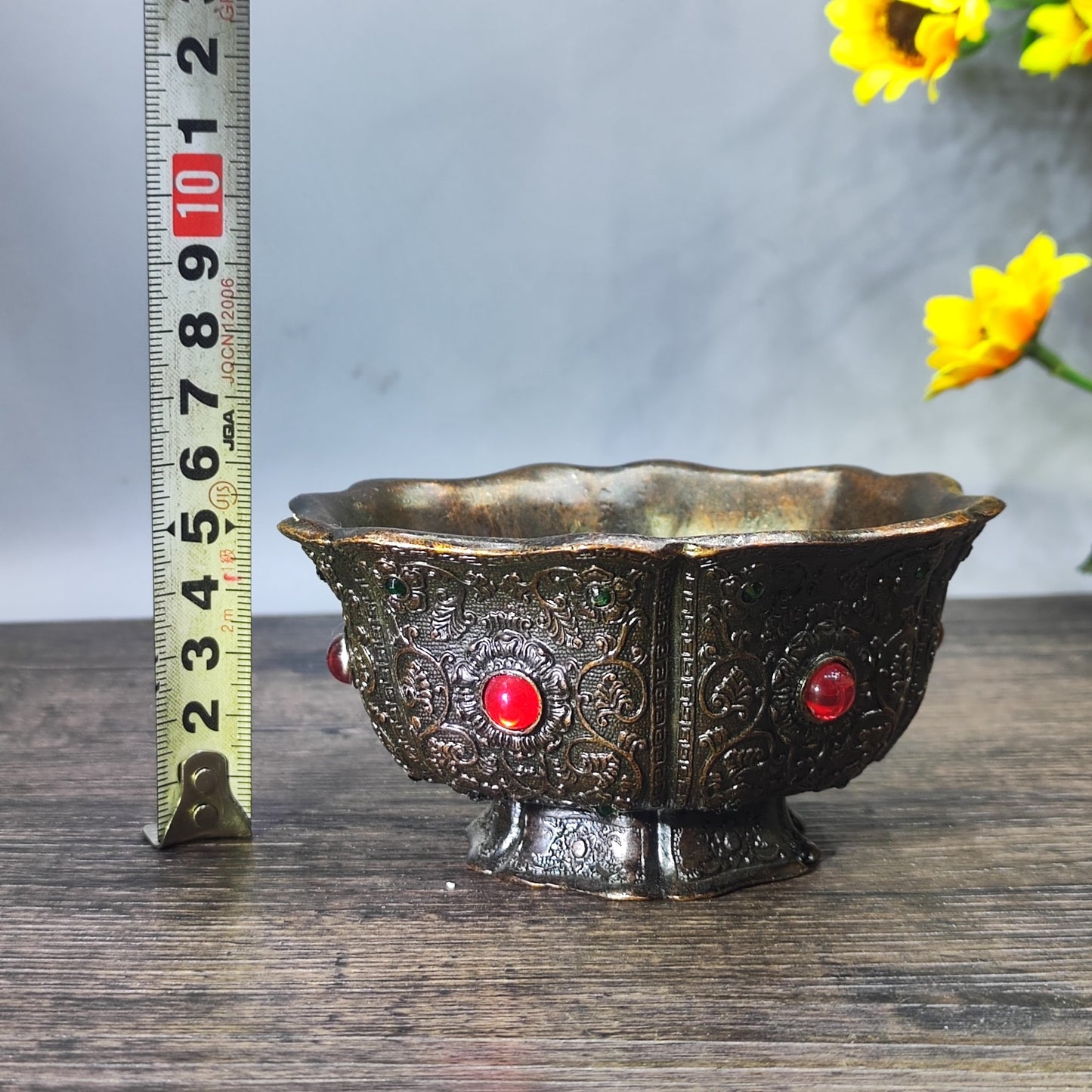 Antique Gem-Embedded Intricately Carved Bowl - Asian Decorative Tabletop Ornament - Personalized Gift