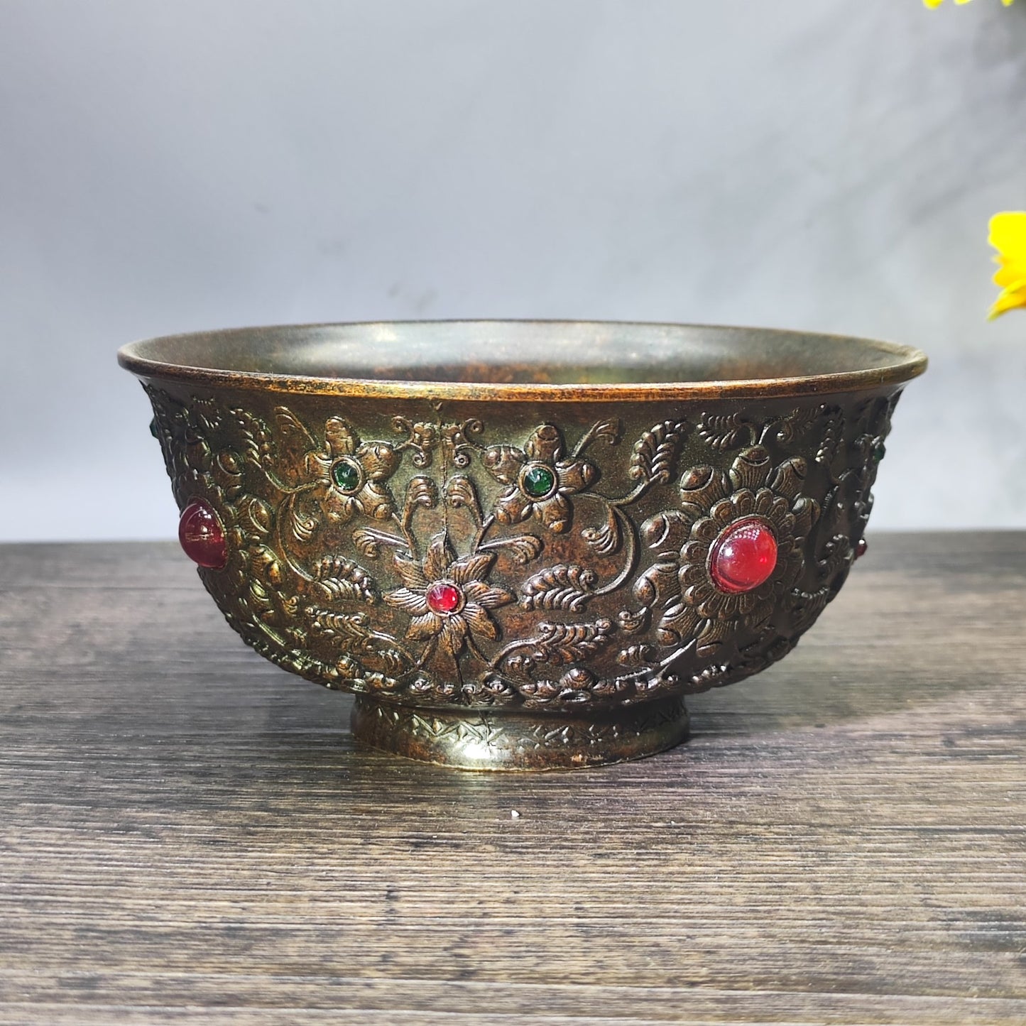 Antique Gem-Embedded Intricately Carved Bowl - Asian Antique Decorative Tabletop Ornament - Personalized Gift