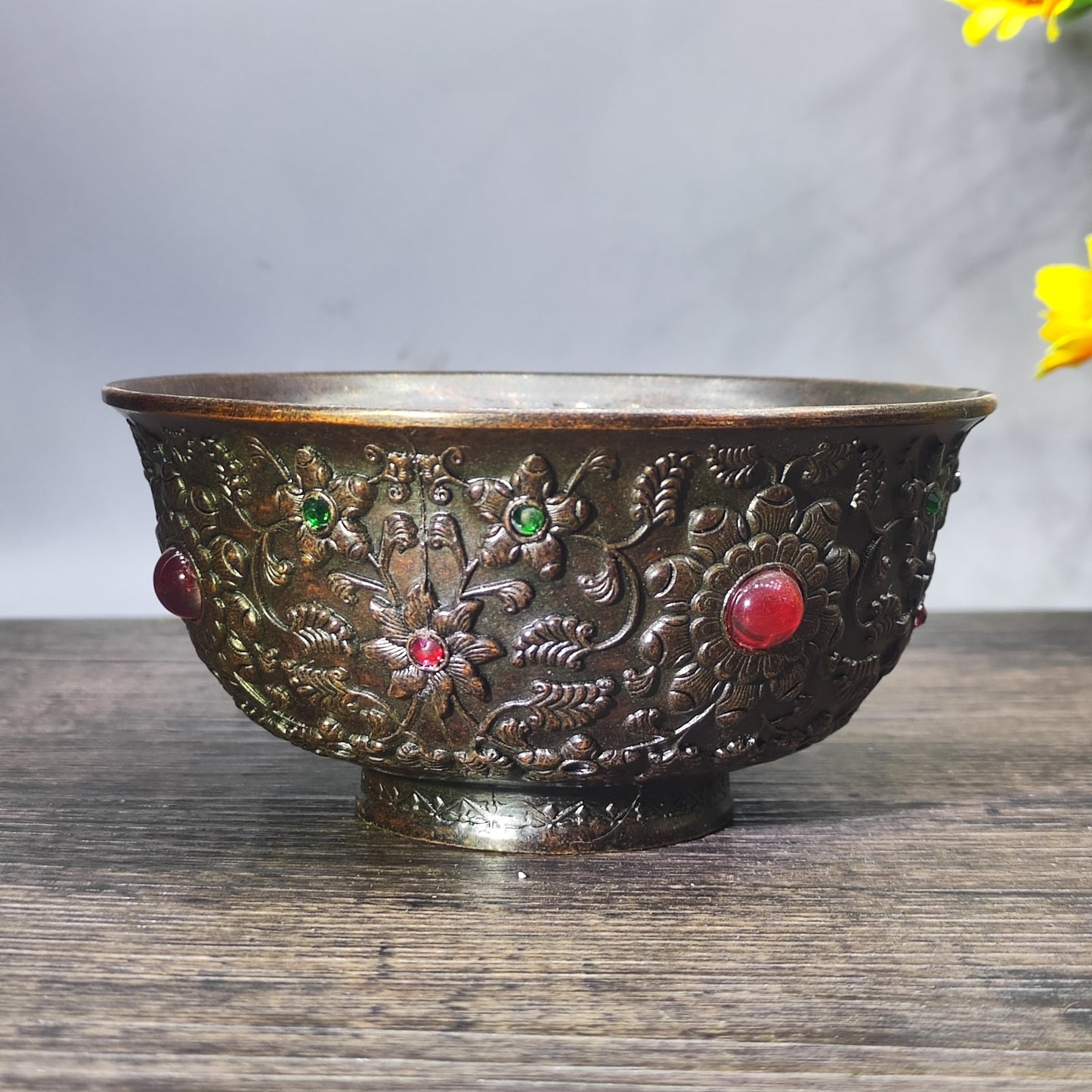 Antique Gem-Embedded Intricately Carved Bowl - Asian Antique Decorative Tabletop Ornament - Personalized Gift