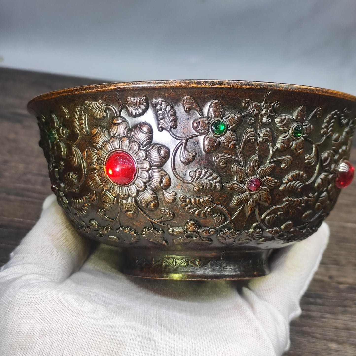 Antique Gem-Embedded Intricately Carved Bowl - Asian Antique Decorative Tabletop Ornament - Personalized Gift